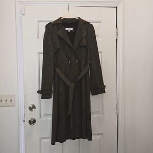 Women's Nine West Faux SuedeTrench Coat XL Dark Olive Green Pre-owned